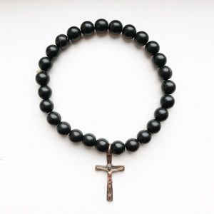 Vintage black bead & copper cross stretch bracelet